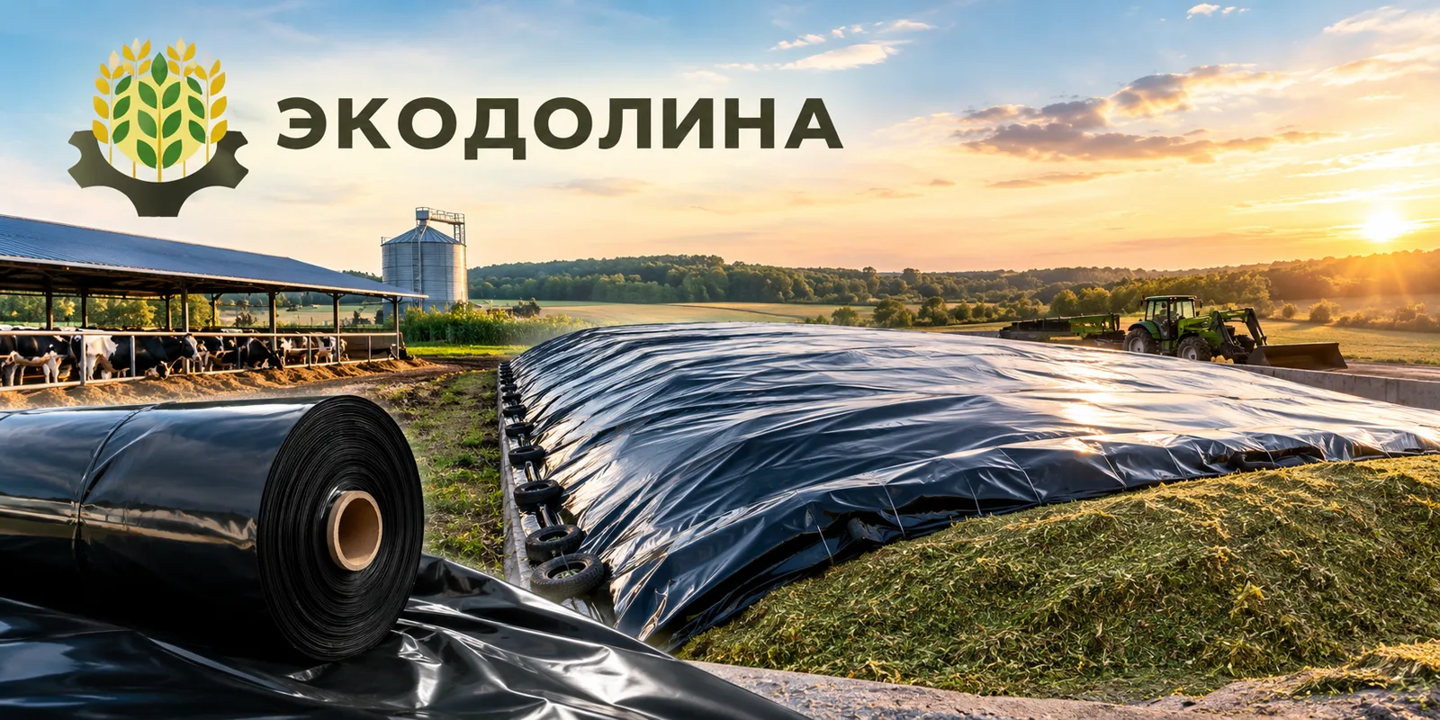Силосная траншея, укрытая плёнкой, и рулон плёнки «Экодолина»